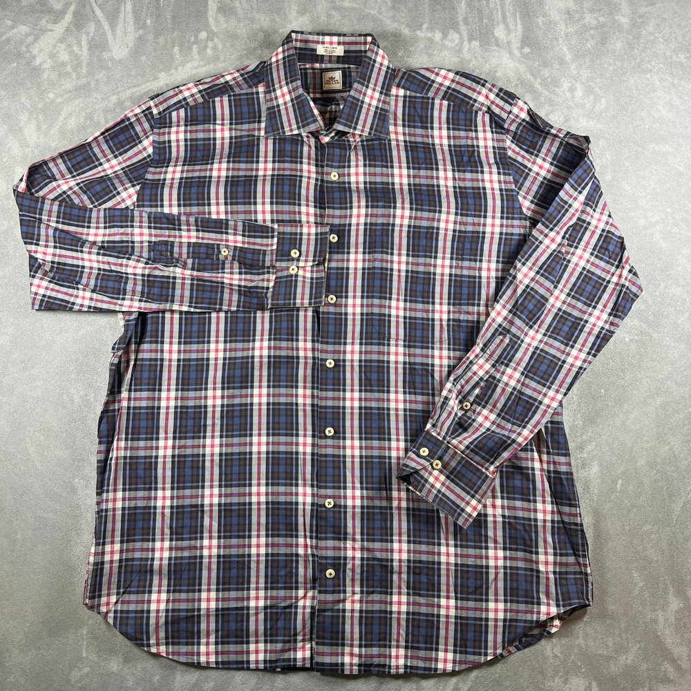 Peter Millar Mens XL Button Down Shirt Navy Pink Plaid Long Sleeve Cotton